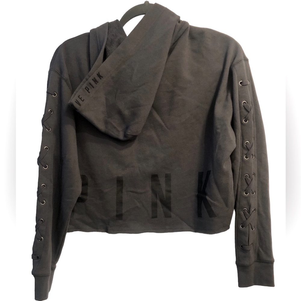 PINK VS Gray Oversized Cropped Sweatshirt Criss-Cross on Long Sleeve. Size XS